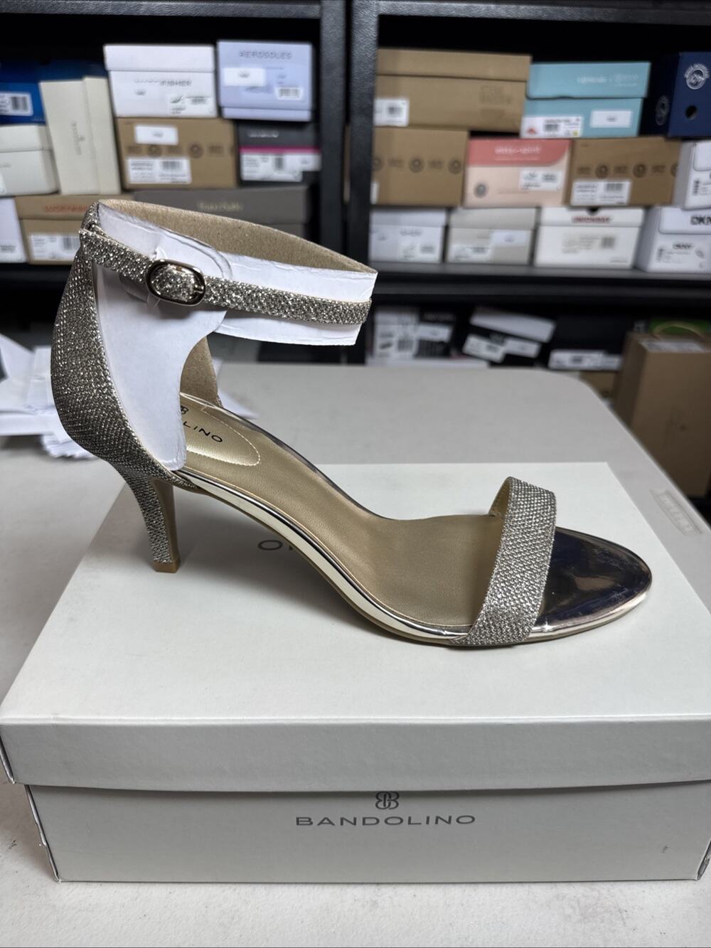 Women's 10.5 Bandolino Madia Gold Fabric Heel